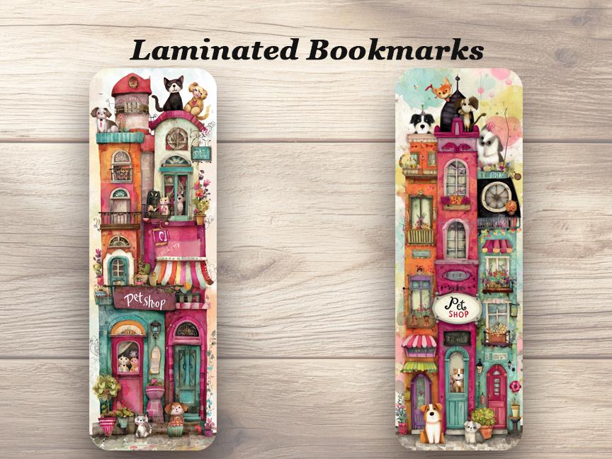Whimsical Pet Shop Laminated Bookmark Set of 4 different designs. Ideal Gift for Book Lovers, Pet Owners, Whimsical Stationery.