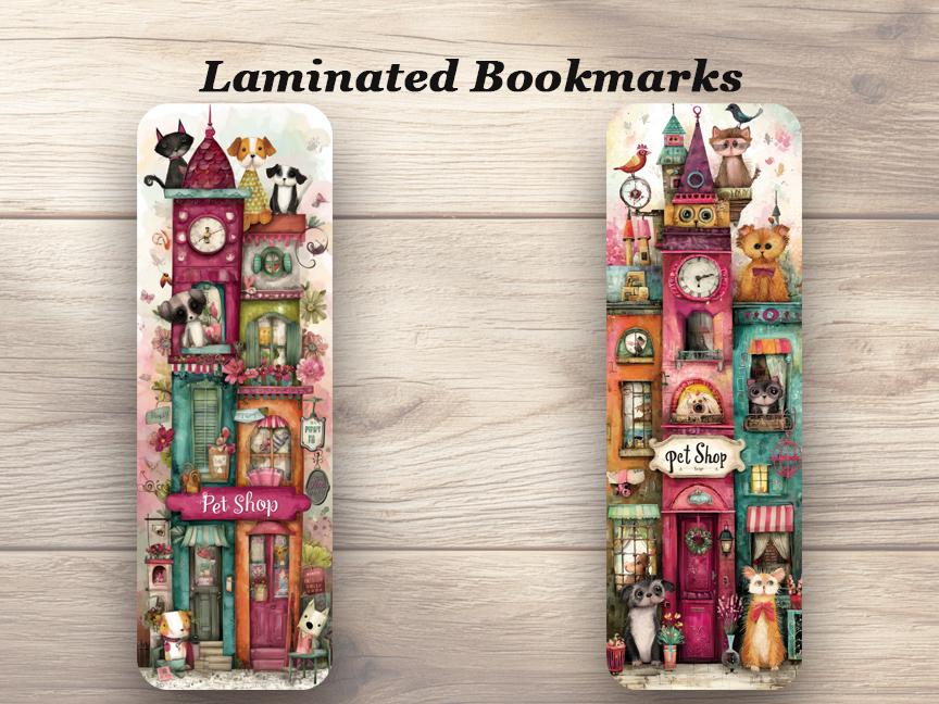 Whimsical Pet Shop Laminated Bookmark Set of 4 different designs. Ideal Gift for Book Lovers, Pet Owners, Whimsical Stationery.