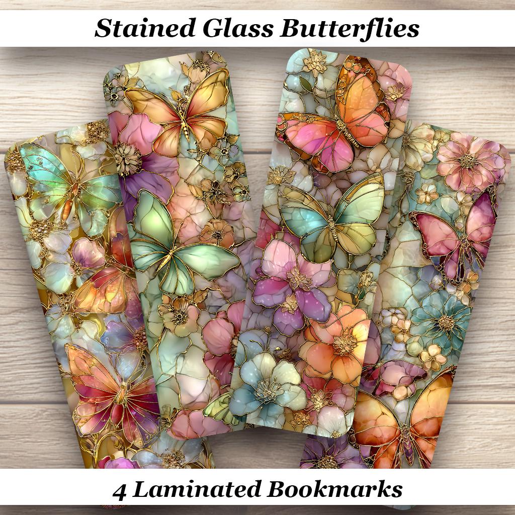 Stained Glass Butterfly Bookmarks Set of 4 different Laminated Designs.