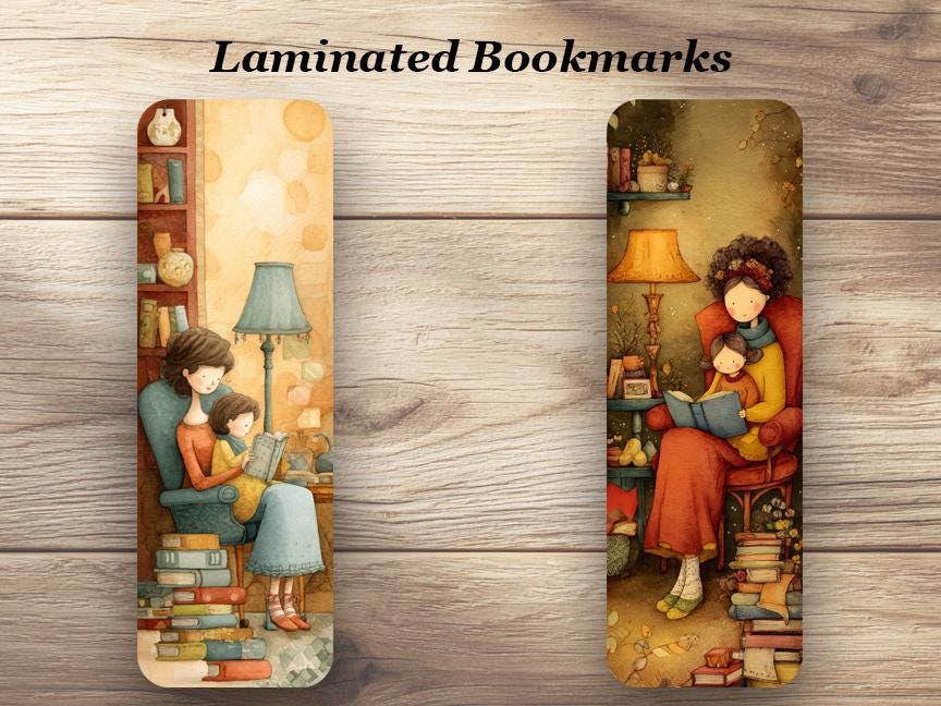 Reading with Mother Laminated Bookmark Set. Set of 4 Laminated Bookmarks. Ideal Gift for Mother’s Day, Book Lovers or yourself!