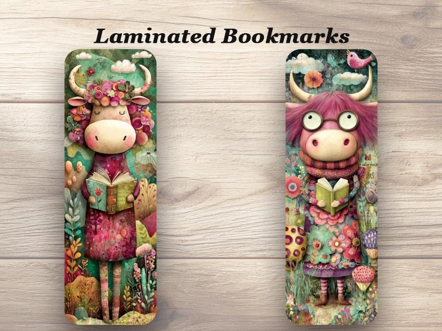 Highland Cows Reading Laminated Bookmarks. Set of 4 Cute Cow Whimsical Bookmarks.