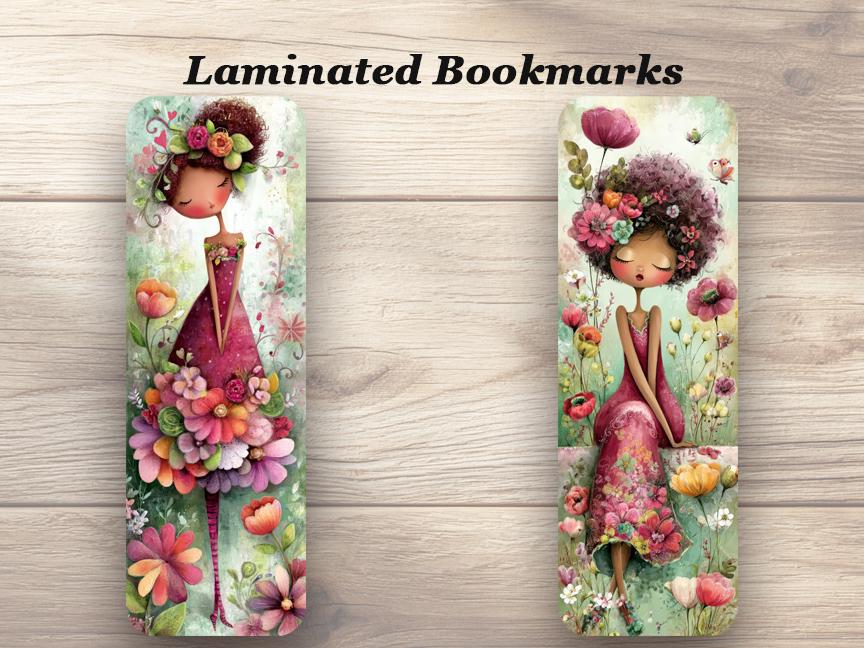 Whimsical Flower Dresses Bookmarks Set of 4 Laminated Floral Bookmarks.