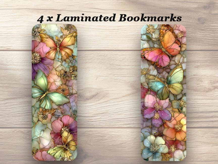 Stained Glass Butterfly Bookmarks Set of 4 different Laminated Designs.