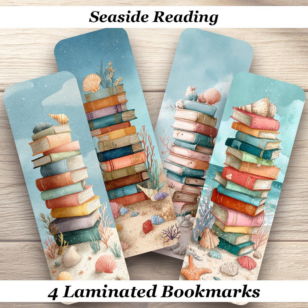 Seaside Reading Laminated Bookmarks Set of 4 book marks ideal for Book Lovers and Beach Goers