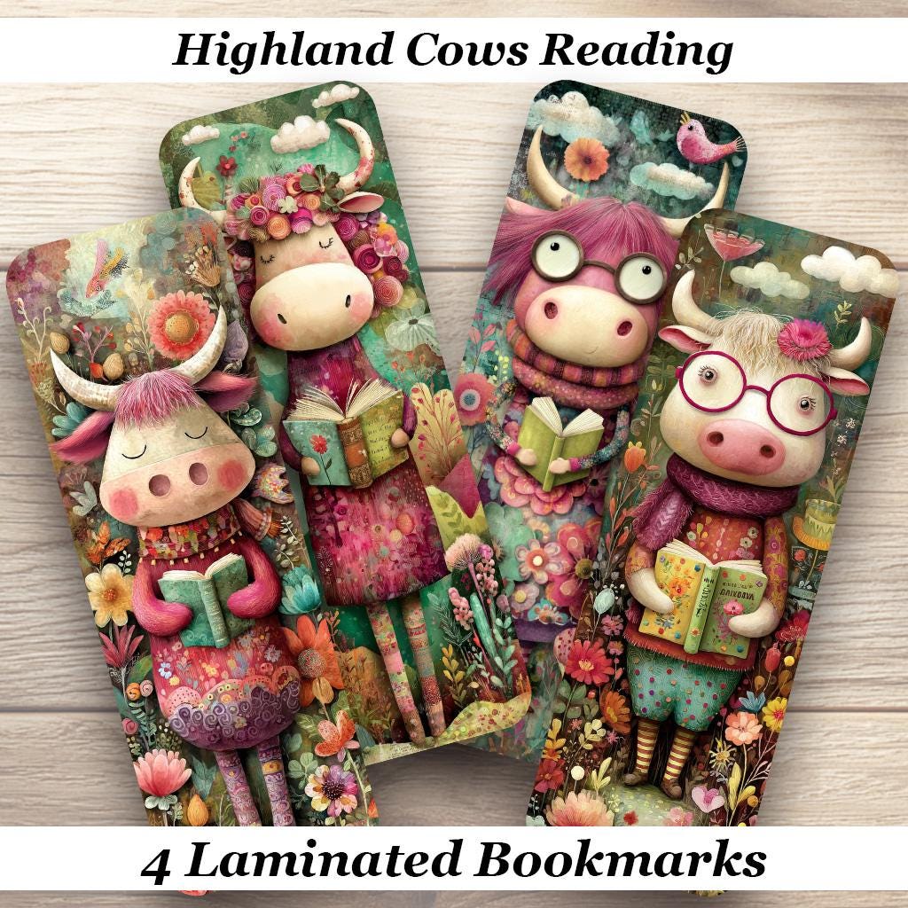 Highland Cows Reading Laminated Bookmarks. Set of 4 Cute Cow Whimsical Bookmarks.