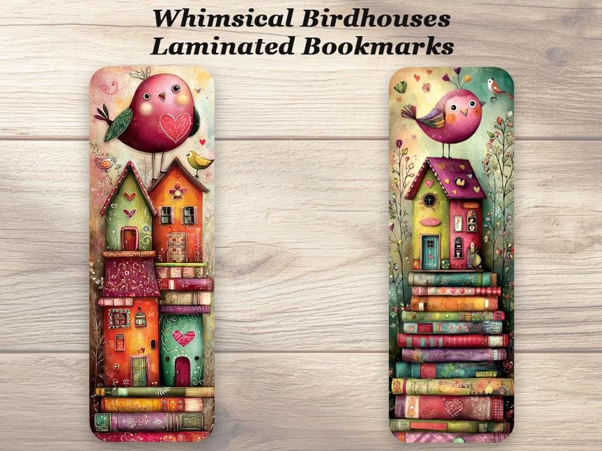 Whimsical Birdhouse Bookmarks. Set of 4 colorful laminated book marks.A great book lovers accessory.