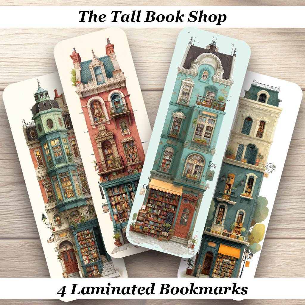 The Tall Book Shop Laminated Bookmarks. Set of 4 different illustrations. Ideal for all book lovers.