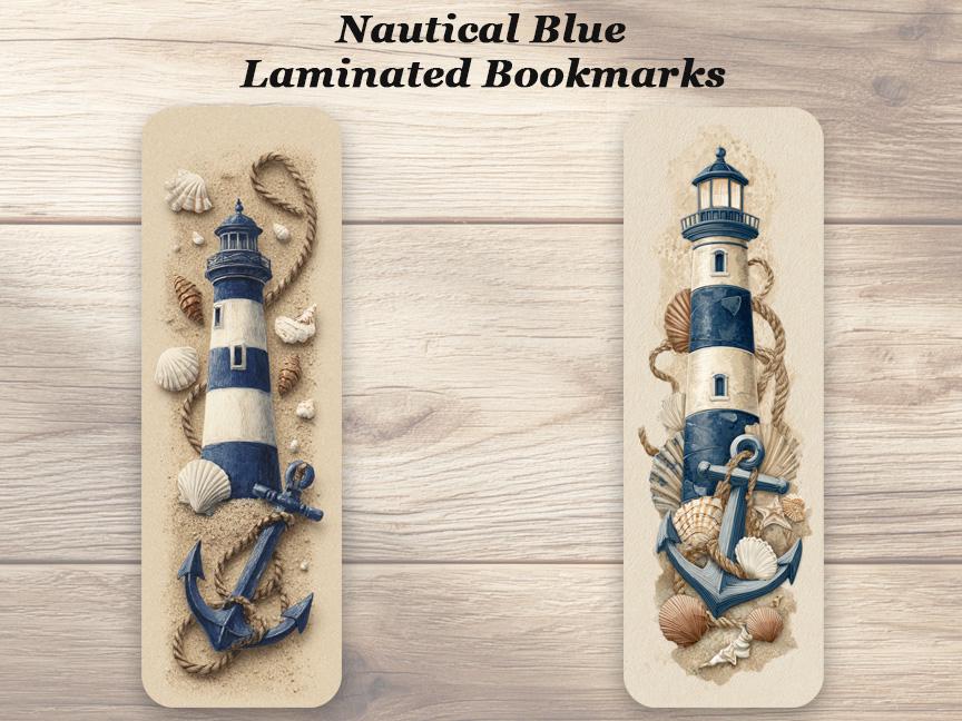 Nautical Blue Bookmarks. Set of 4 laminated Coastal Lighthouse Bookmarks. Ocean Inspired Bookmarks For All Book Lovers.