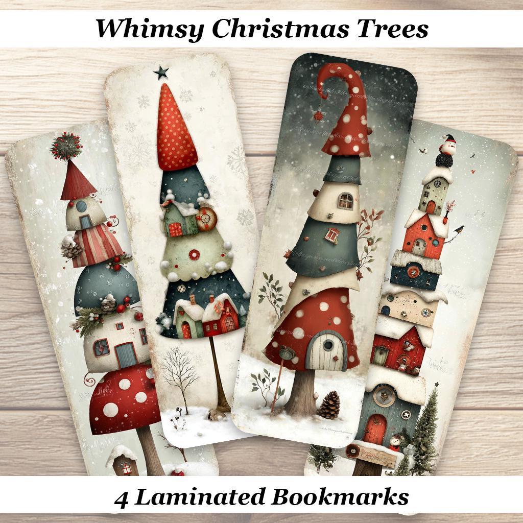 Whimsy Christmas Trees Bookmarks. Set of 4 Laminated Cute Holiday Bookmarks. Ideal gift for all Christmas Book Lovers.