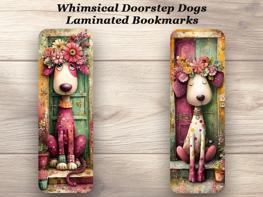 Whimsical Doorstep Dogs Laminated Bookmarks. Set of 4 colorful, cute book marks. Ideal for a cozy reading experience.