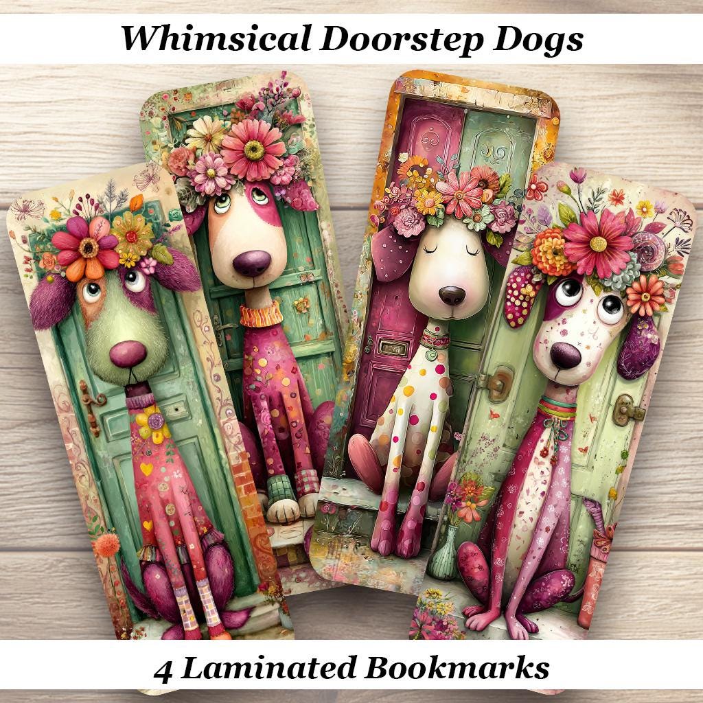 Whimsical Doorstep Dogs Laminated Bookmarks. Set of 4 colorful, cute book marks. Ideal for a cozy reading experience.
