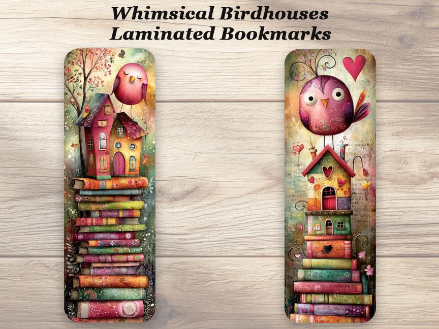 Whimsical Birdhouse Bookmarks. Set of 4 colorful laminated book marks.A great book lovers accessory.