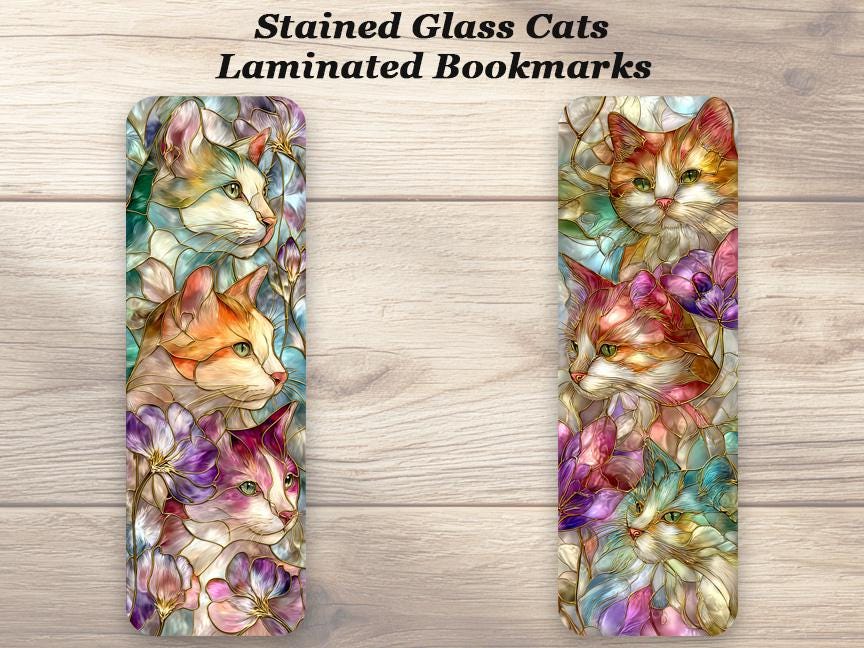 Stained Glass Cats Bookmarks. Set of 4 Laminated Cat Lover Bookmarks. Ideal for all cat, art deco, book lovers.