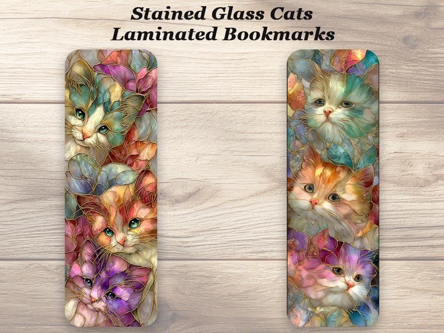 Stained Glass Cats Bookmarks. Set of 4 Laminated Cat Lover Bookmarks. Ideal for all cat, art deco, book lovers.