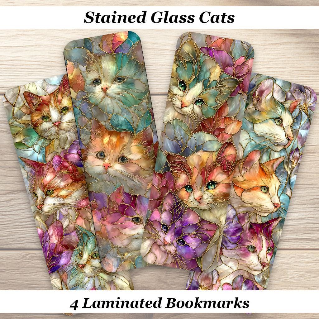 Stained Glass Cats Bookmarks. Set of 4 Laminated Cat Lover Bookmarks. Ideal for all cat, art deco, book lovers.