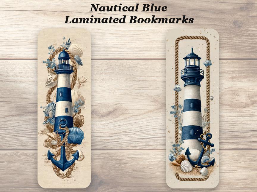 Nautical Blue Bookmarks. Set of 4 laminated Coastal Lighthouse Bookmarks. Ocean Inspired Bookmarks For All Book Lovers.