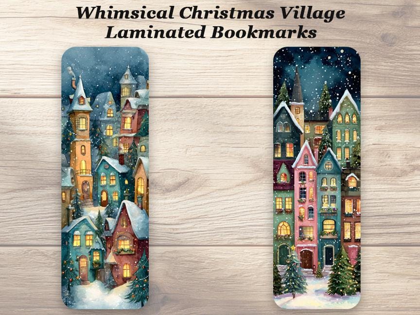 Whimsical Christmas Village Laminated Bookmarks. Set of 4 Cozy Snowy Cottage Bookmarks. Book Lover Gift.