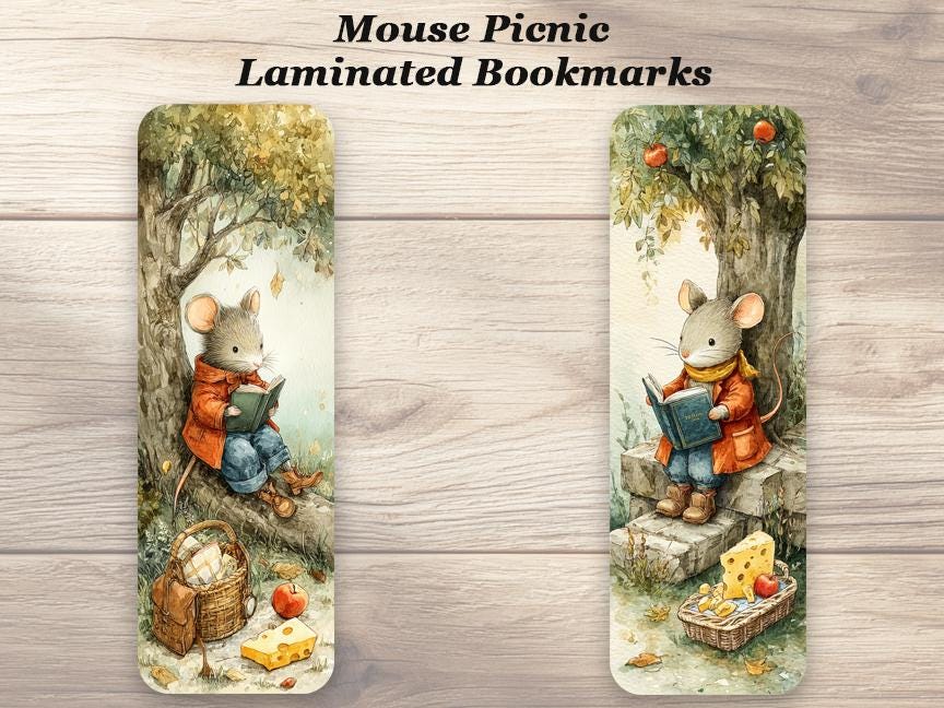 Mouse Picnic Laminated Bookmarks. Set of 4 whimsical Book Marks. Ideal gift for all book and mouse lovers.
