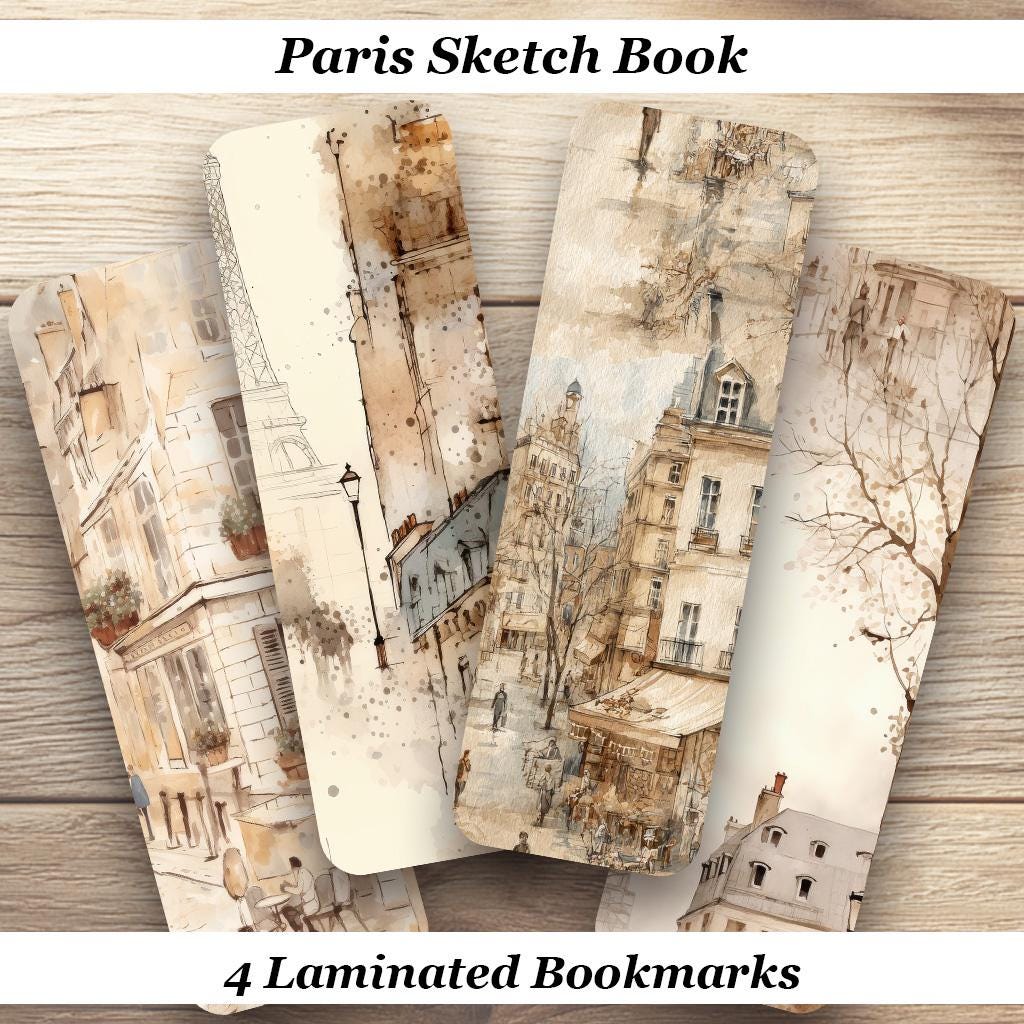Paris Sketch Book Bookmarks. Set of 4 Laminated French Art Bookmarks. Perfect gift for all book lovers and those who love Paris.
