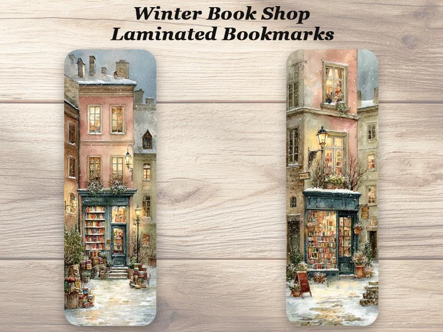 Winter Bookshop Bookmarks. Set of 4 Laminated Cozy Bookstore Bookmarks. Book Lover Gifts.