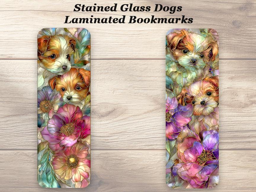 Stained Glass Dogs Bookmarks. Set of 4 Laminated Colorful Puppy Bookmarks . Gift for book and dog lovers.