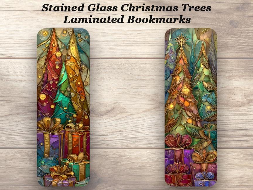 Stained Glass Christmas Trees Bookmark Set of 4 Laminated Festive Holiday Bookmarks. Ideal book lover gift or stocking stuffer.