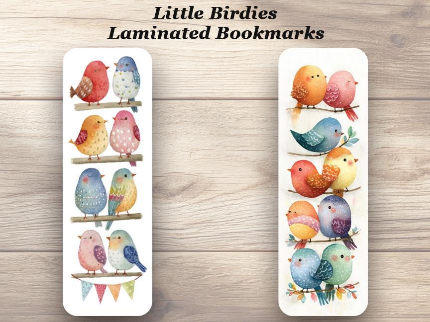 Little Birdies Bookmarks. Set of 4 Laminated Watercolor Bird Bookmarks. Gift for Book and Bird Lovers
