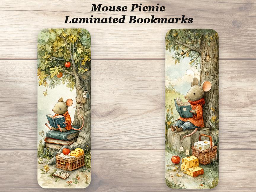 Mouse Picnic Laminated Bookmarks. Set of 4 whimsical Book Marks. Ideal gift for all book and mouse lovers.