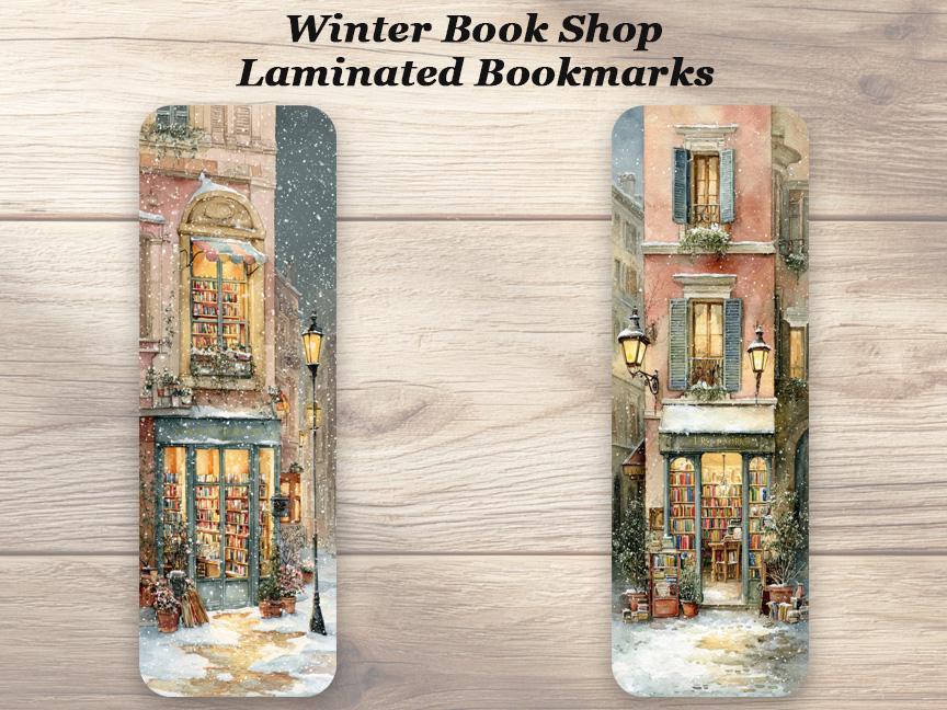 Winter Bookshop Bookmarks. Set of 4 Laminated Cozy Bookstore Bookmarks. Book Lover Gifts.