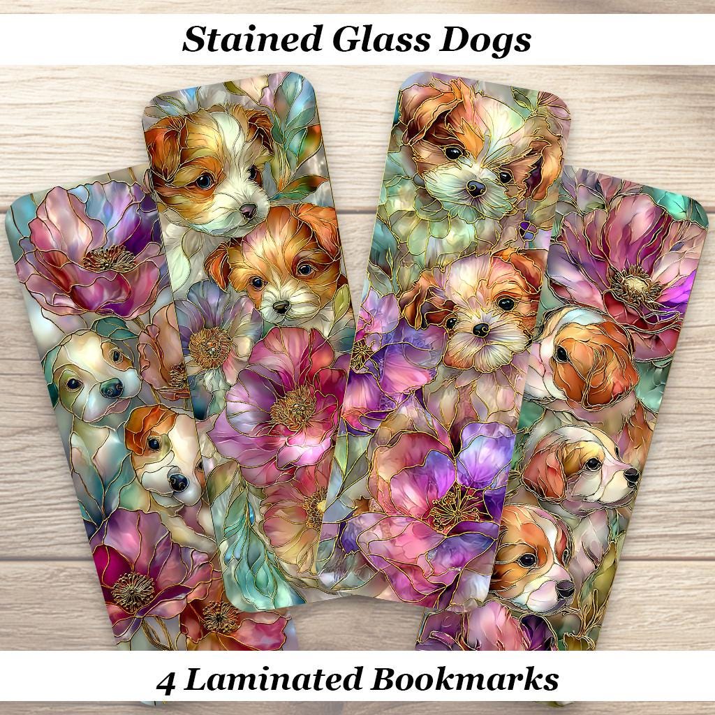 Stained Glass Dogs Bookmarks. Set of 4 Laminated Colorful Puppy Bookmarks . Gift for book and dog lovers.