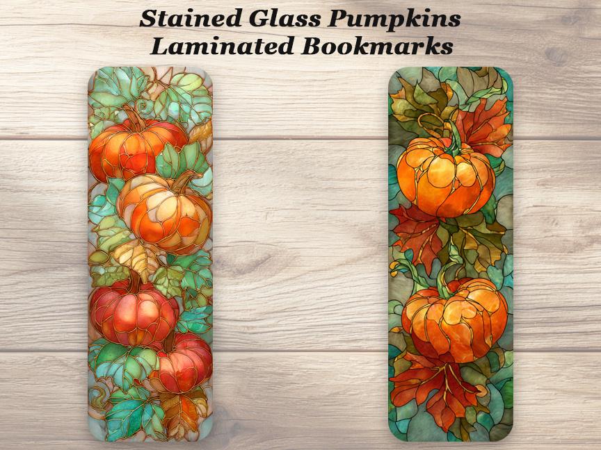 Stained Glass Pumpkins Bookmarks. Set of 4 Laminated Autumn Fall Bookmarks. Gift for book and fall lovers.