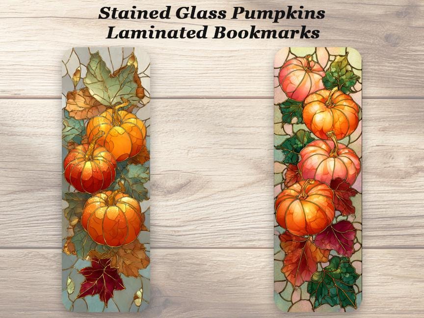 Stained Glass Pumpkins Bookmarks. Set of 4 Laminated Autumn Fall Bookmarks. Gift for book and fall lovers.