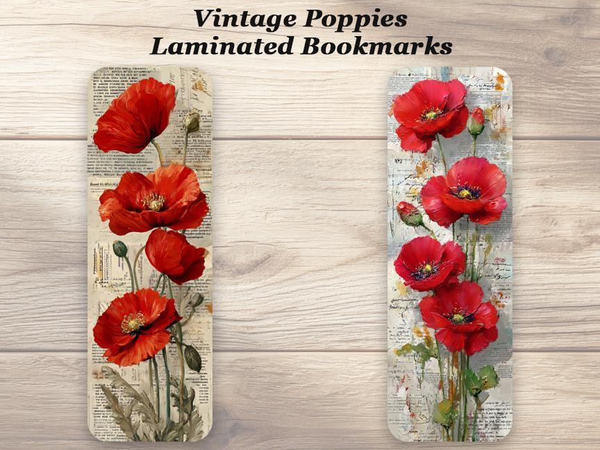 Vintage Poppies Laminated Bookmarks Set of 4 Laminated Vintage Style Bookmarks. Gift for book lovers.