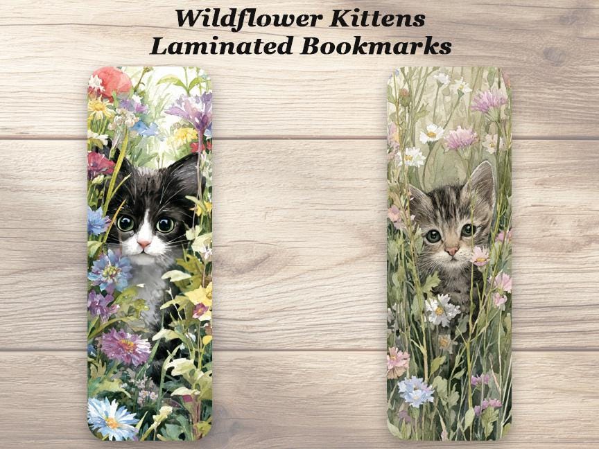 Wildflower Kittens Bookmarks. Set of 4 Laminated Cat Lover Bookmarks.