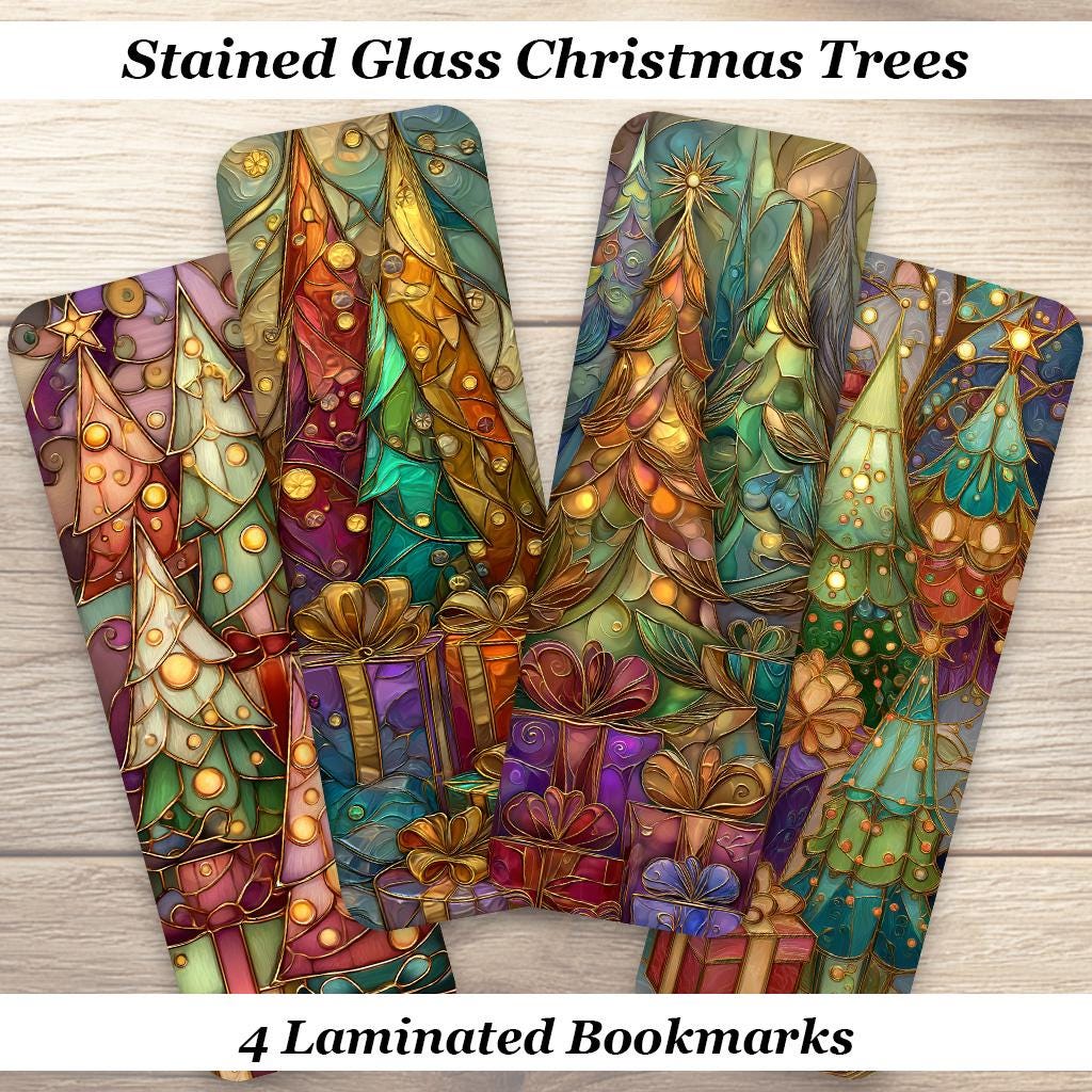 Stained Glass Christmas Trees Bookmark Set of 4 Laminated Festive Holiday Bookmarks. Ideal book lover gift or stocking stuffer.
