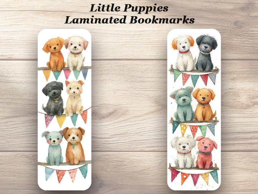 Little Puppies Bookmark Set of 4 Laminated Cute Watercolor Dog Bookmark. Book and Puppy Lover Gift