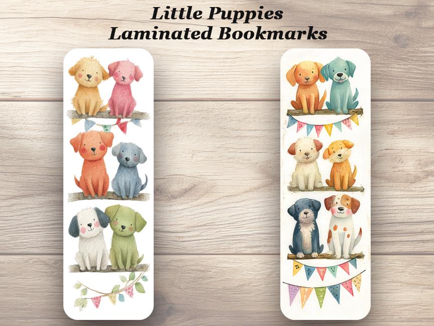 Little Puppies Bookmark Set of 4 Laminated Cute Watercolor Dog Bookmark. Book and Puppy Lover Gift