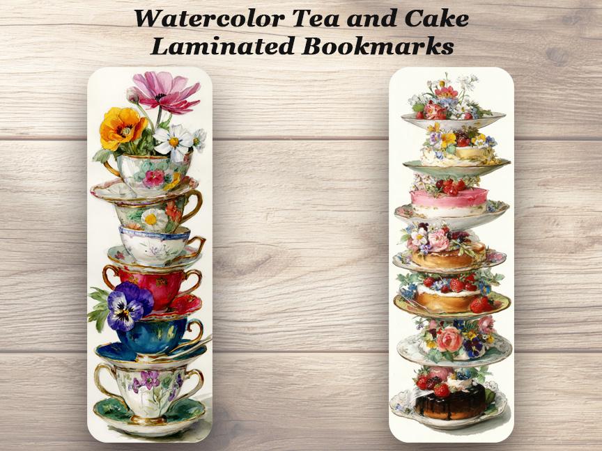Watercolor Tea and Cakes Bookmarks. Set of 4 Laminated Floral Teacup & Dessert Book Marks.