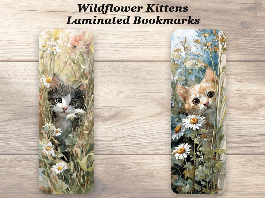 Wildflower Kittens Bookmarks. Set of 4 Laminated Cat Lover Bookmarks.