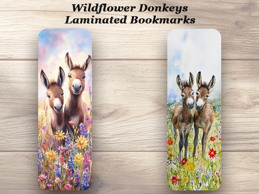 Wildflower Donkeys Bookmarks. Set of 4 Laminated Cute Donkey Ideal Gift for Book Lovers