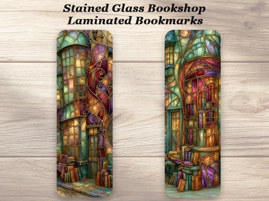 Stained Glass Bookshop Bookmarks. Set of 4 Laminated Colorful Fantasy Bookmarks. Unique Reading Gift.