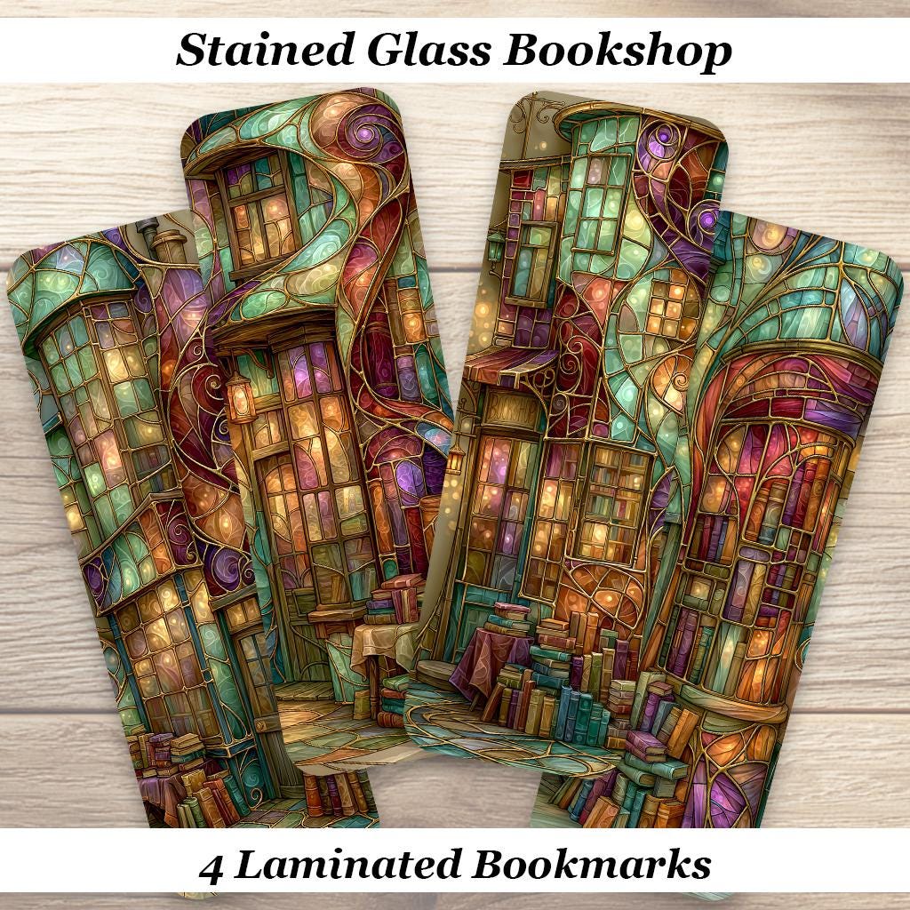 Stained Glass Bookshop Bookmarks. Set of 4 Laminated Colorful Fantasy Bookmarks. Unique Reading Gift.