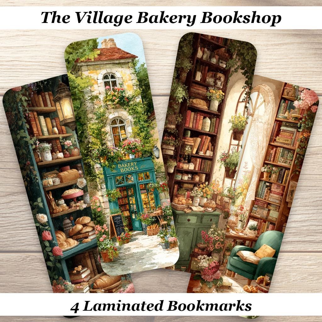 The Village Bakery Bookshop Bookmark Set. Set of 4 Laminated Cozy Book Lover Bookmarks