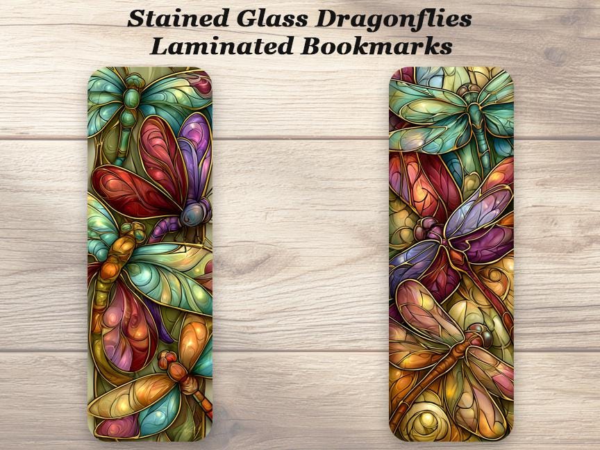 Stained Glass Dragonflies Bookmarks. Set of 4 Laminated Bookmarks. Book Lover Gift
