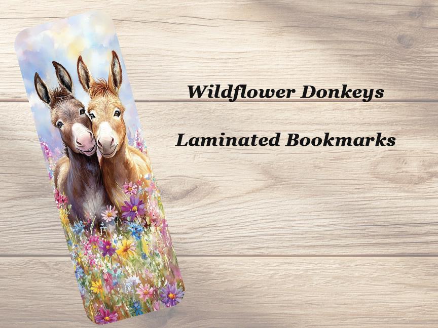 Wildflower Donkeys Bookmarks. Set of 4 Laminated Cute Donkey Ideal Gift for Book Lovers