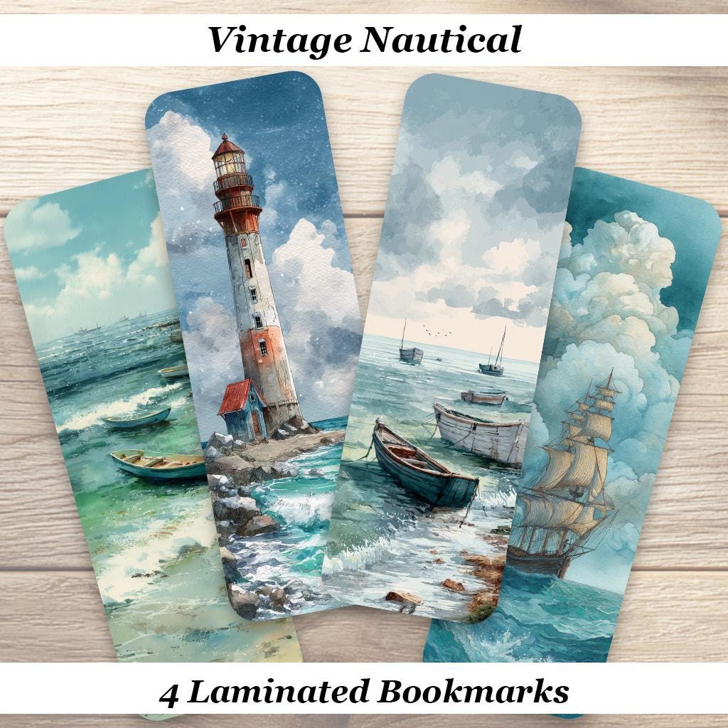 Vintage Nautical Bookmarks. Set of 4 Laminated Coastal Ocean Bookmarks. Gift for Book Lovers