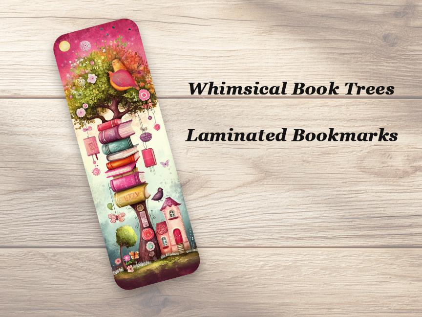 Whimsical Book Trees Bookmarks. Set of 4 Laminated Book Lover Bookmarks. Reading Gift for Bookworms.