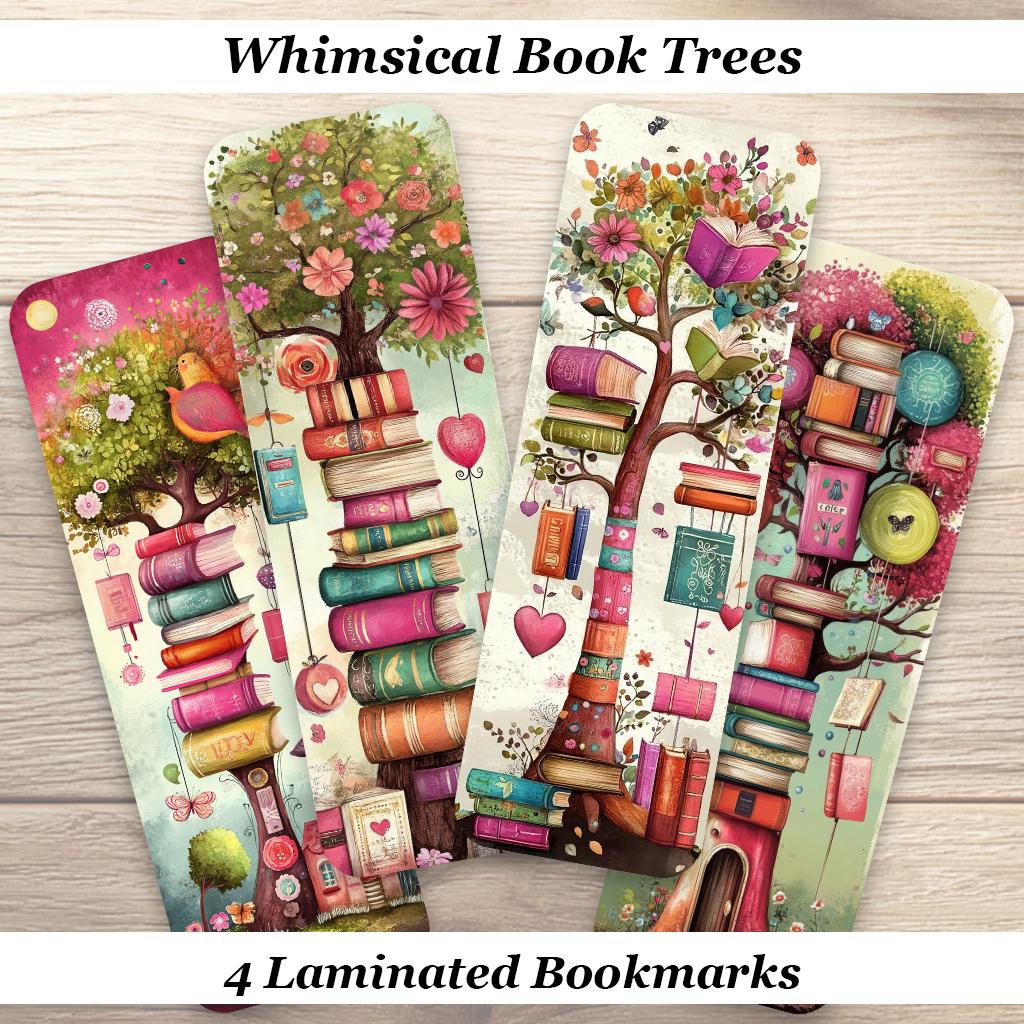 Whimsical Book Trees Bookmarks. Set of 4 Laminated Book Lover Bookmarks. Reading Gift for Bookworms.