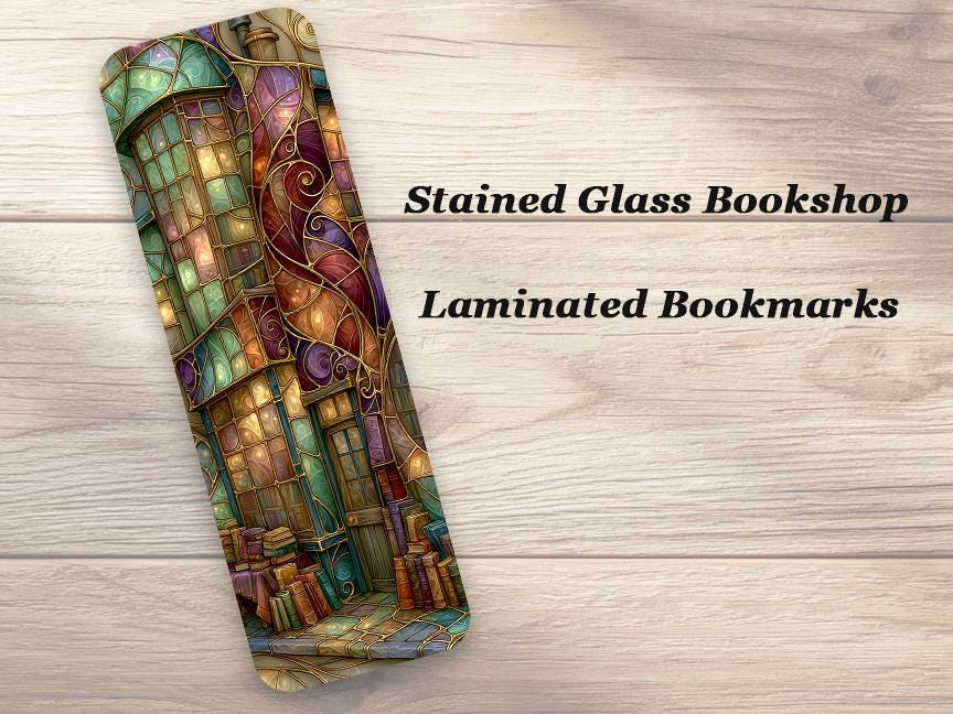 Stained Glass Bookshop Bookmarks. Set of 4 Laminated Colorful Fantasy Bookmarks. Unique Reading Gift.