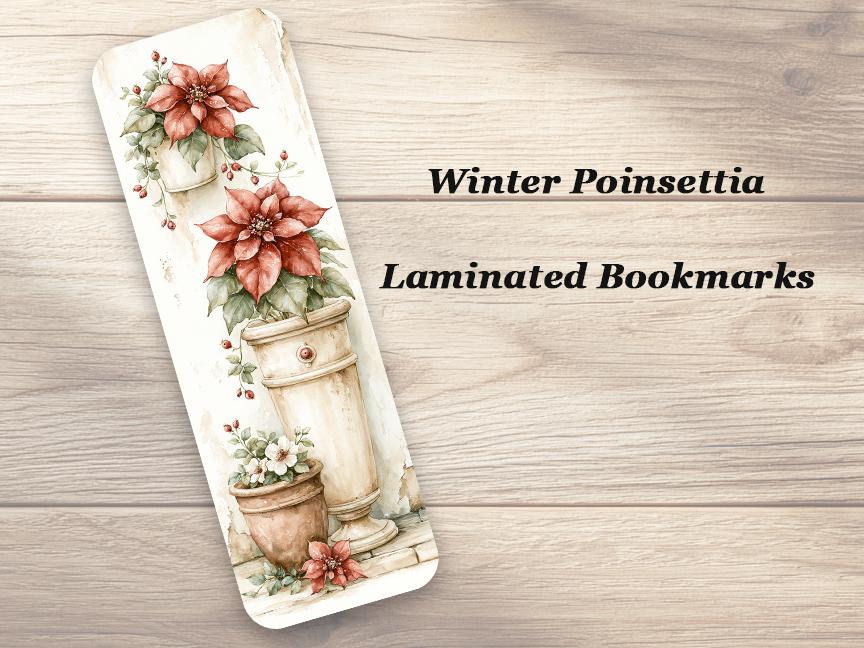 Winter Poinsettias Bookmarks. Set of 4 Laminated Christmas Floral Bookmarks. Ideal Winter Reading Gift